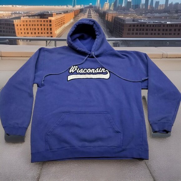 Classic ALSYLE Other - ✅Men’s LARGE Blue Pullover Hoodie Wisconsin Embroidered Logo Vintage Look *STAIN